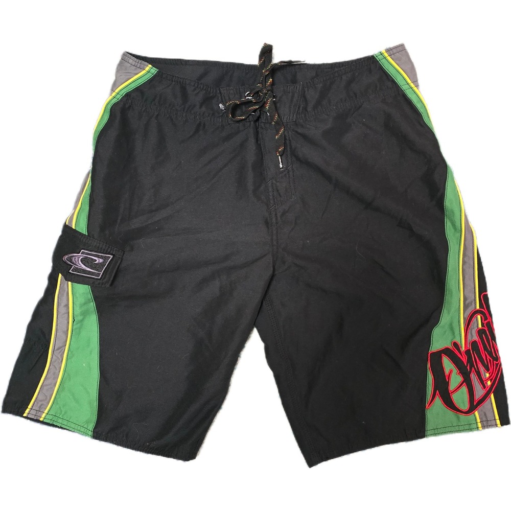 O'Neill Board Shorts Mens 30 Y2K Surf Trunks Attached Bottle Opener Black Green